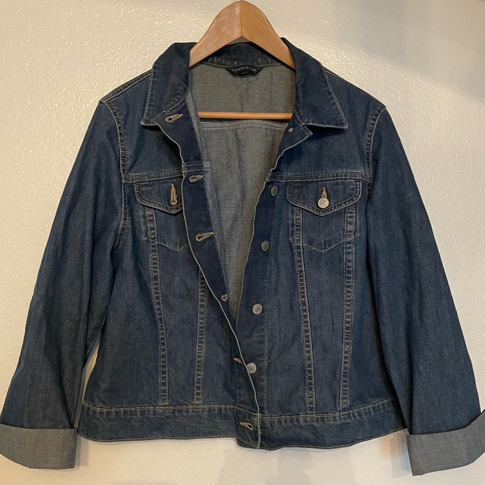 Lands’ End - Dark wash denim trucker jacket. Size L (14-16).